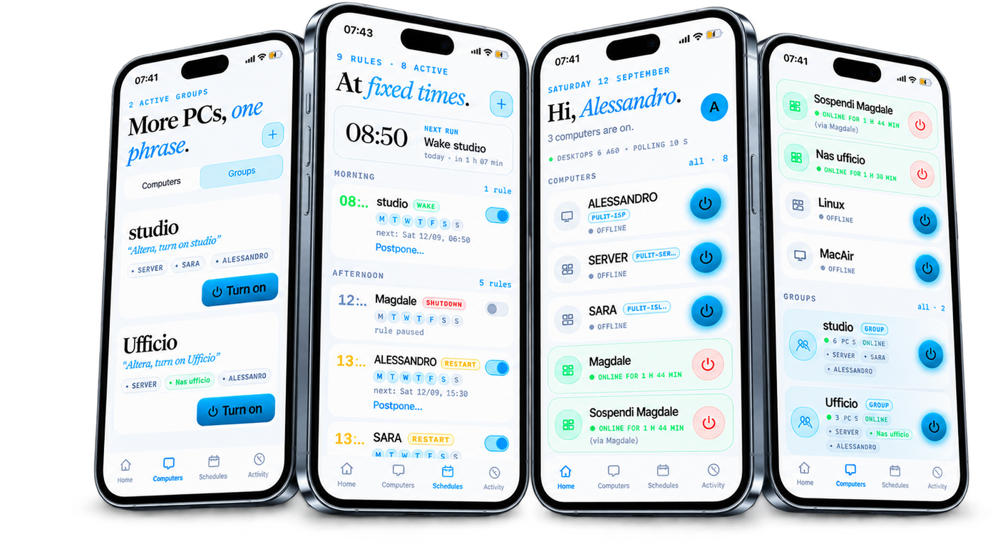 Quattro schermate dell'app SayBoot su iPhone: gruppi, programmi a orario, home con i computer, elenco dei PC