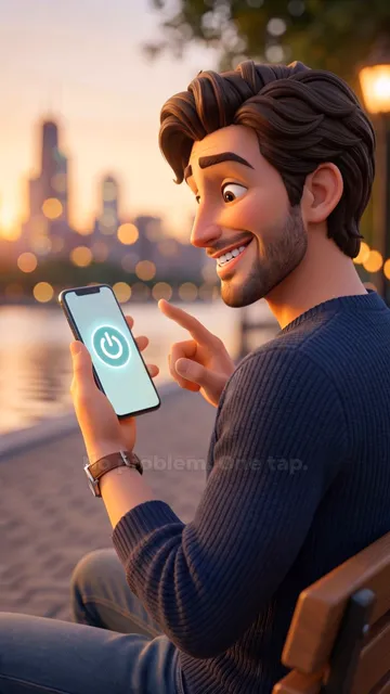 Un jeune homme hors de chez lui allume son PC depuis son téléphone