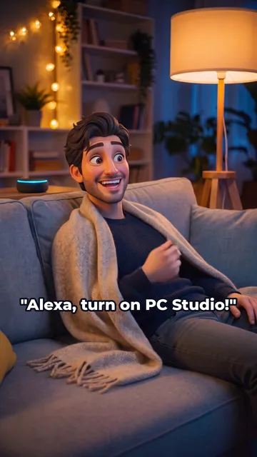 Un jeune homme sur le canapé demande à Alexa d'allumer son PC