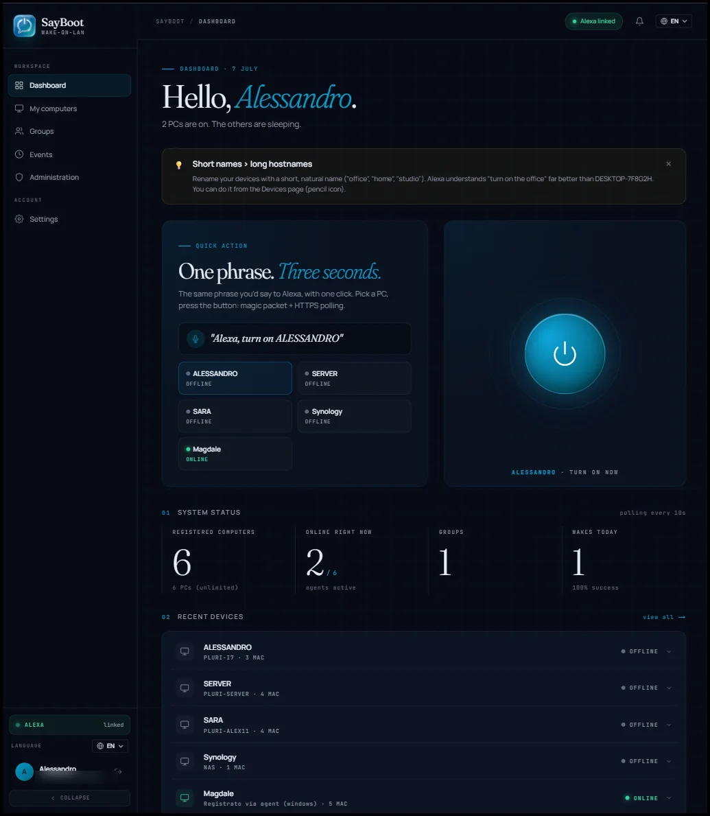 Das neue SayBoot-Dashboard: cyanfarbener Radar-Einschaltknopf, der ausgewählte PC ist aus