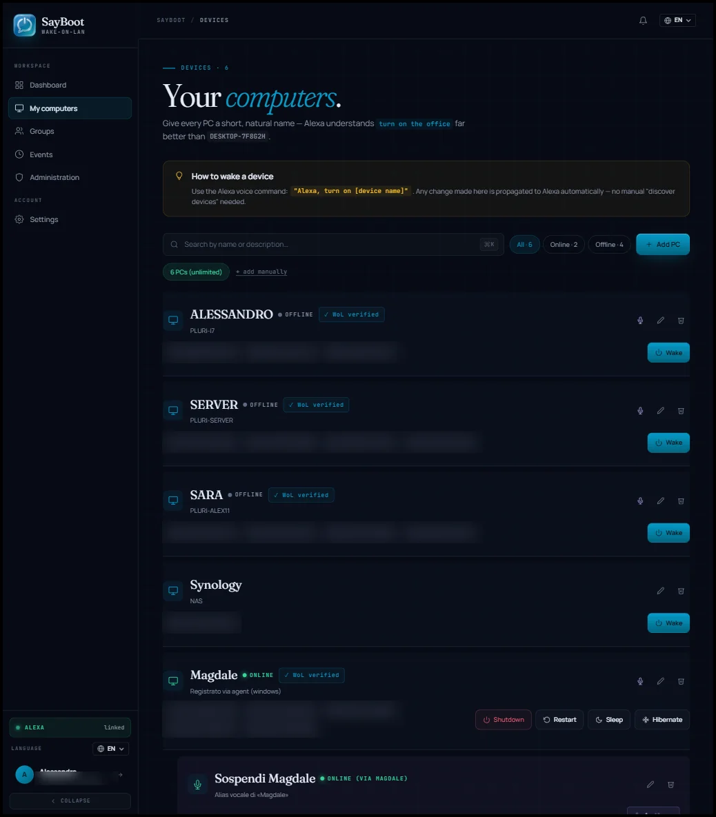 Die Seite Meine Computer: eine Karte pro PC mit Online/Offline-Status und Schnellsuche