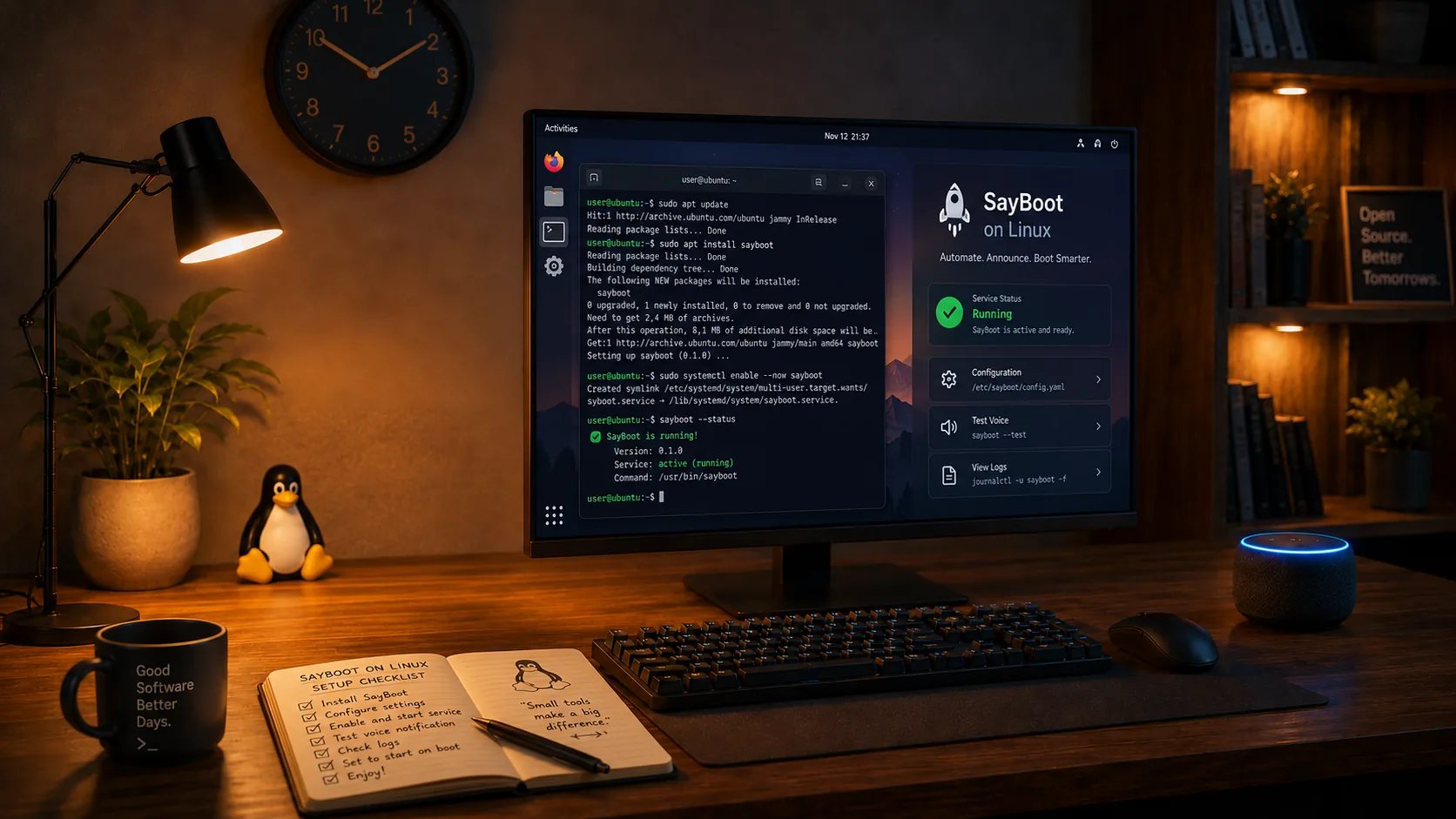 Scrivania con un PC Linux, il terminale aperto e un Echo Dot