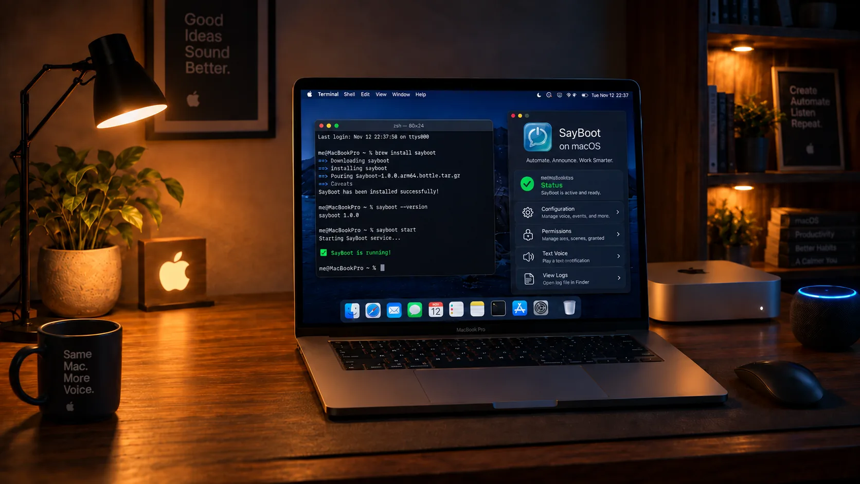 Scrivania con un MacBook, la barra dei menu di macOS e un Echo Dot